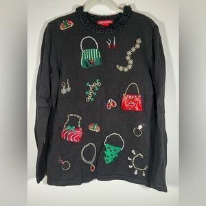 Merry & Bright black embellished embroidered Christmas sweater sz L bling glam